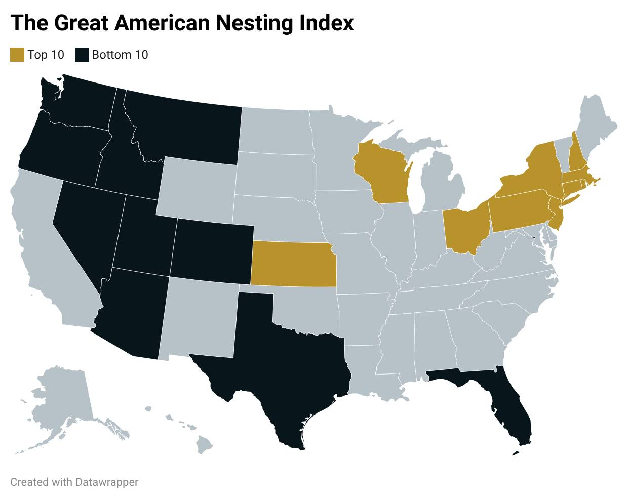 A data map of the US visualizing the top and bottom 10 states for the Great American Nesting Index.